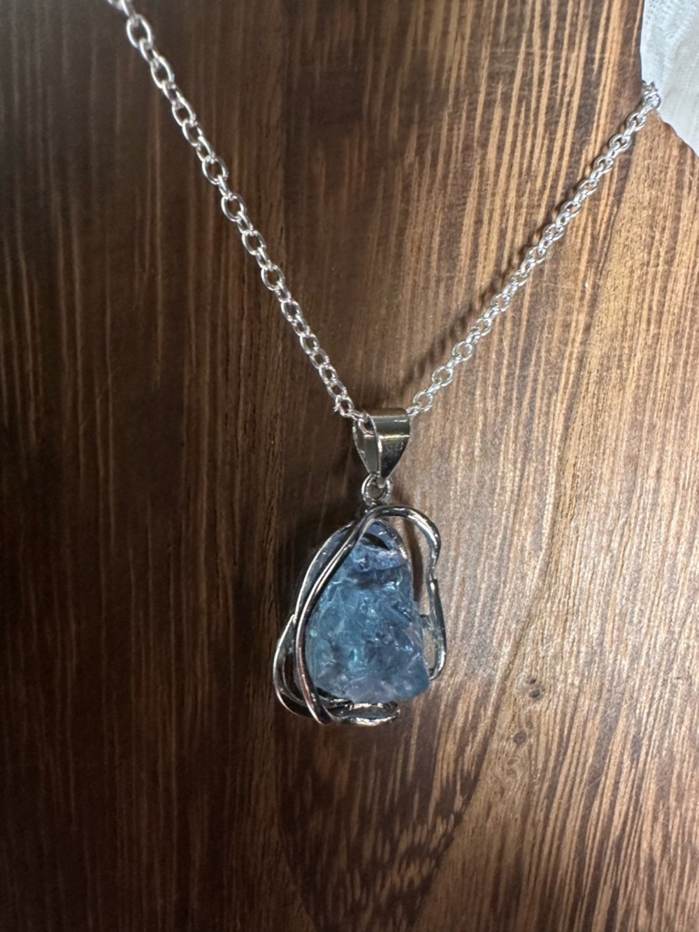Blue Raw Stone Pendant Necklace - Silver Metal - Picture 9 of 16